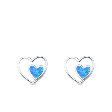 Double Hearts Stud Earrings Lab Created Blue Opal 925 Sterling Silver (9mm)